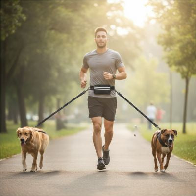 Homme courant avec un Golden Retriever et un Boxer utilisant la laisse main libre pour chien.