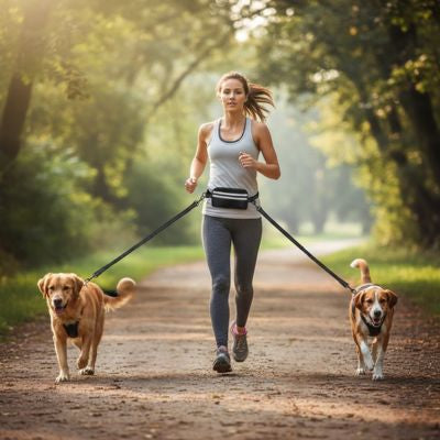 Joggeuse en forêt avec un Golden Retriever, un Beagle et sa laisse main libre pour chien.