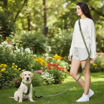 Labrador assis avec harnais et laisse main libre pour chien vert olive dans un jardin fleuri.