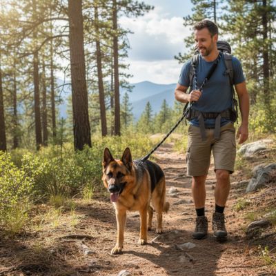 Randonneur avec sac à dos et laisse main libre pour chien noire marchant avec un Berger Allemand.