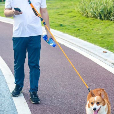 Homme tenant une bouteille d'eau utilisant une laisse main libre pour chien orange avec un Corgi.
