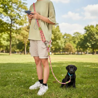 Femme utilisant une laisse main libre pour chien rose avec un chiot Labrador noir dans un parc.