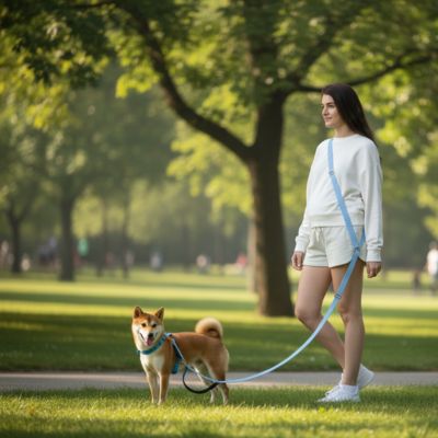 Femme marchant avec un Shiba Inu et une laisse main libre pour chien bleue dans un parc.