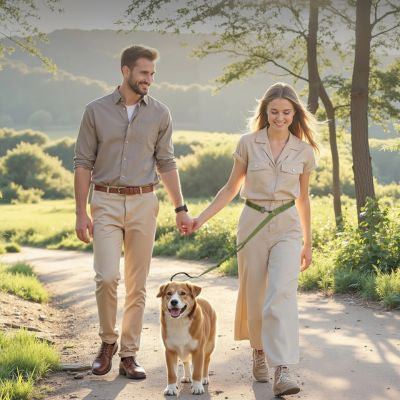 Couple marchant en forêt avec un chien croisé et une laisse main libre pour chien verte à la taille.