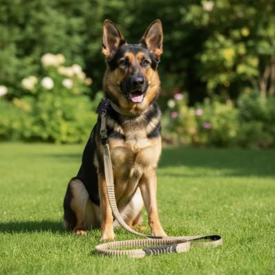 Berger Allemand assis sur l'herbe avec une laisse pour chien tactique de couleur beige.