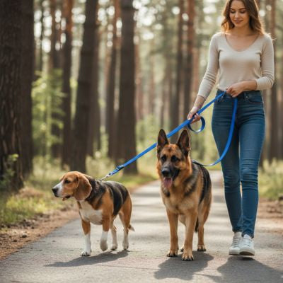 Femme promenant un Beagle et un Berger Allemand avec une laisse pour chien bleue.