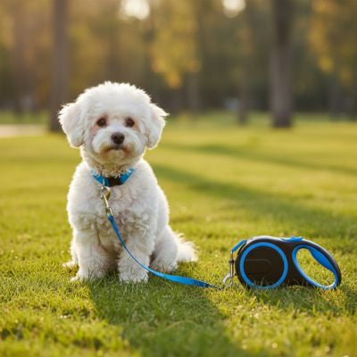 Bichon frisé assis dans un parc avec une laisse pour chien rétractable bleue coordonnée.