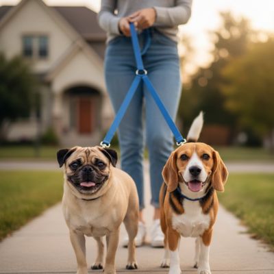Laisse pour chien double bleue utilisée par un Carlin et un Beagle sur un trottoir.