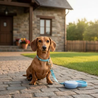 Chien Teckel marron devant une maison avec une laisse pour chien bleue posée au sol.