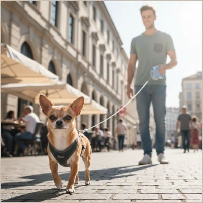 Homme tenant une laisse pour chien bleue attachée au harnais d'un Chihuahua dans une rue pavée.