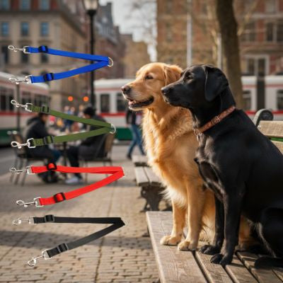 Coupleur de laisse pour chien en bleu, vert, rouge et noir avec deux Labradors.
