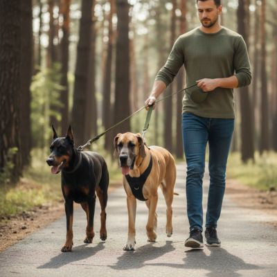 Homme marchant en forêt avec une laisse pour chien double, un Doberman et un Grand Danois.
