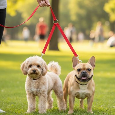 Laisse pour chien double rouge avec un caniche beige et un bouledogue français fauve.