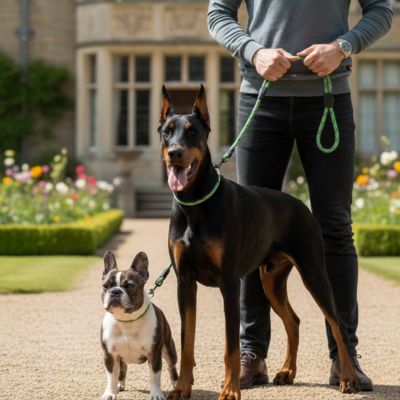 Homme tenant un Dobermann et un Bouledogue français avec une laisse pour chien verte.