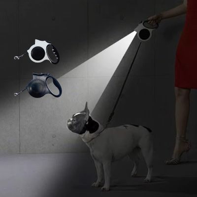 Femme promenant un Bouledogue français avec une laisse pour chien à lampe LED intégrée.