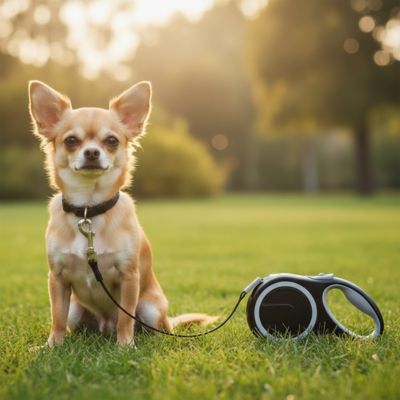 Petit Chihuahua assis sur une pelouse à côté d'une laisse pour chien rétractable noire.