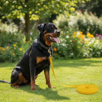Rottweiler assis dans un jardin ensoleillé avec une laisse pour chien jaune fluo.