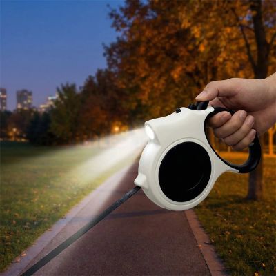 Laisse pour chien blanche et noire avec projecteur LED éclairant un parc en soirée.