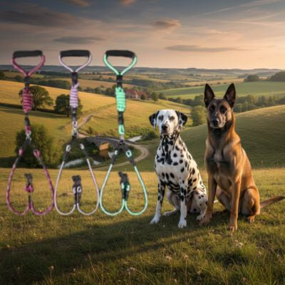 Laisse pour chien déclinée en trois couleurs devant un Dalmatien et un Malinois.