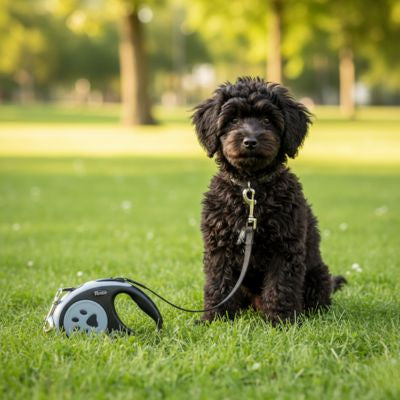Jeune chien Caniche noir assis dans un parc à côté d'une laisse pour chien enrouleur noire