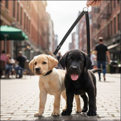 Laisse pour chien noire de type coupleur reliant deux jeunes chiots Labradors.