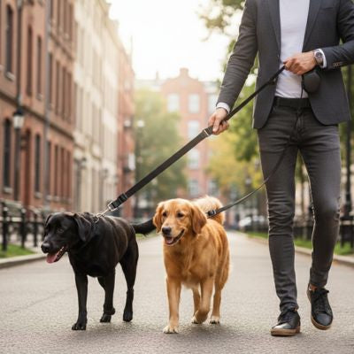 Homme en costume utilisant une laisse pour chien noire avec un Labrador noir et un jaune.