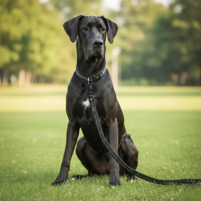 Grand Danois noir assis dans un parc attaché à une laisse pour chien noire élastique.