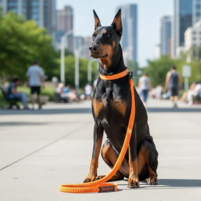 Doberman assis en ville portant un collier et une laisse pour chien orange vif.