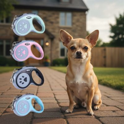 Chihuahua devant une maison avec quatre modèles de laisse pour chien rétractable colorés.