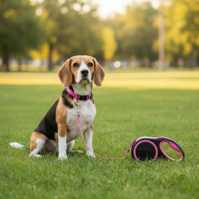 Beagle assis dans l'herbe avec une laisse pour chien rétractable rose.