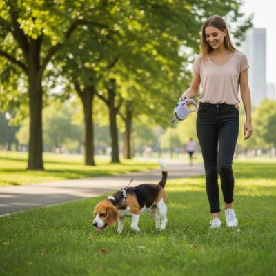 Femme promenant un chien Beagle dans un parc avec une laisse pour chien enrouleur rose.