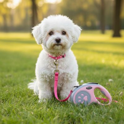 Chien Bichon frisé blanc assis dans l'herbe avec une laisse pour chien et un collier roses.