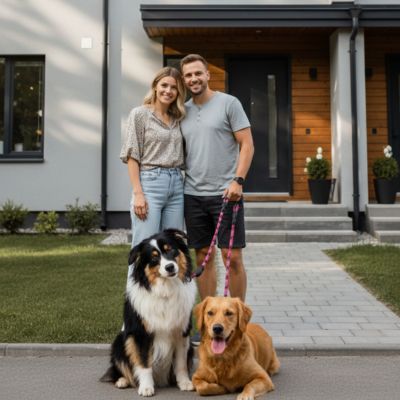 couple avec un Border Collie et un Golden Retriever utilisant une laisse pour chien rose.