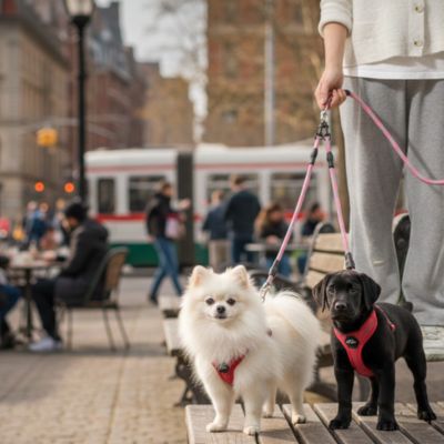 Un Loulou de Poméranie blanc et un chiot Labrador noir avec une laisse pour chien rose.