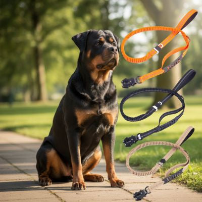 Rottweiler assis à côté de trois modèles de laisse pour chien : orange, noire et beige.