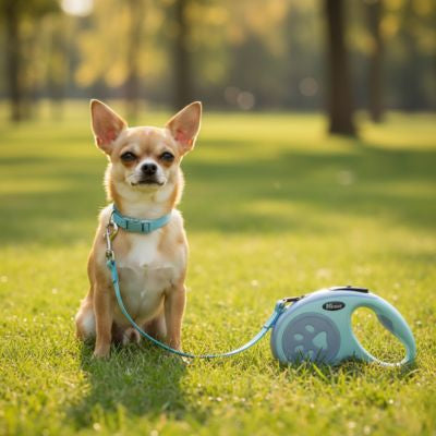 Chihuahua beige avec un collier turquoise et une laisse pour chien rétractable assortie.