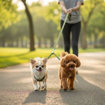 Laisse pour chien verte tenue en promenade par un Chihuahua et un Caniche abricot.