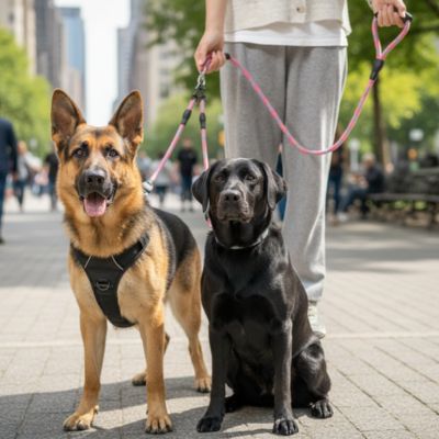 Un Berger Allemand et un Labrador noir en ville avec une laisse pour chien rose.