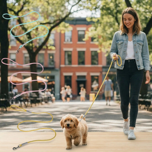 Femme en ville avec chiot Golden Retriever et aperçu des coloris de la laisse longe pour chien.