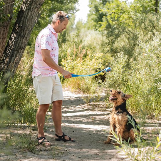 Homme en chemise rose utilisant un lanceur de balle pour chien bleu avec un Airedale Terrier.