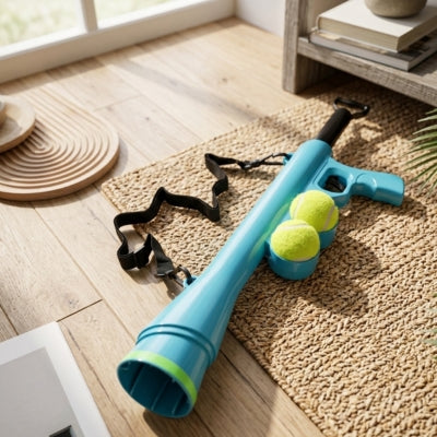 Lanceur de balle pour chien bleu posé sur un tapis en corde à côté d'une fenêtre.