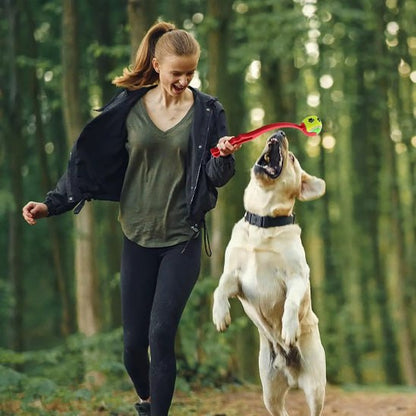Femme courant en forêt avec un Labrador et un lanceur de balle pour chien rouge.