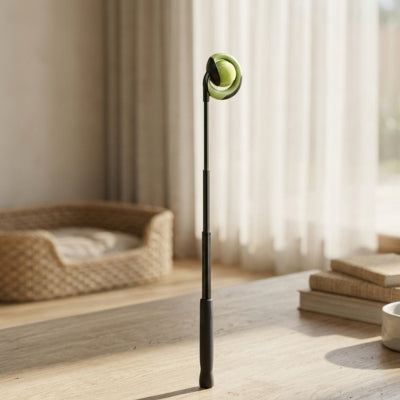 Lanceur de balle pour chien télescopique avec embout anneau vert posé sur une table en bois.