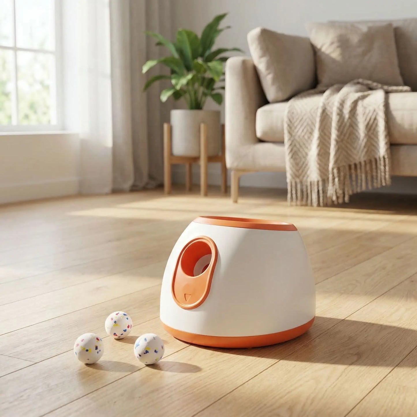 Lanceur de balle blanc et orange posé sur un parquet avec trois balles mouchetées.