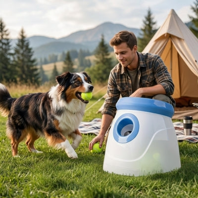 Berger Australien avec une balle en gueule près d'un lanceur de balle pour chiens en camping.