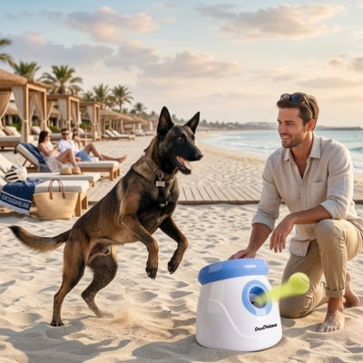 Berger Belge Malinois sur le sable devant un lanceur de balle pour chiens PetPrime à la plage.