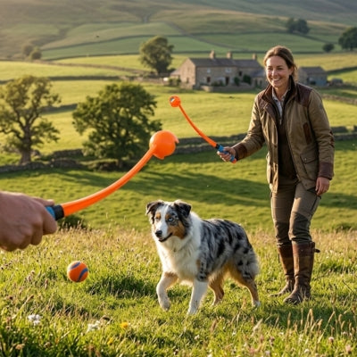 Femme et Berger Australien à la campagne avec un lanceur de balle pour chiens orange.