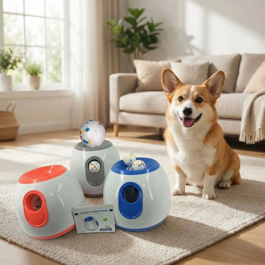 Chien Corgi assis à côté de trois lanceurs de couleurs différentes dans un salon.