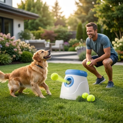 Golden Retriever et son maître utilisant un lanceur de balle pour chiens sur une pelouse.