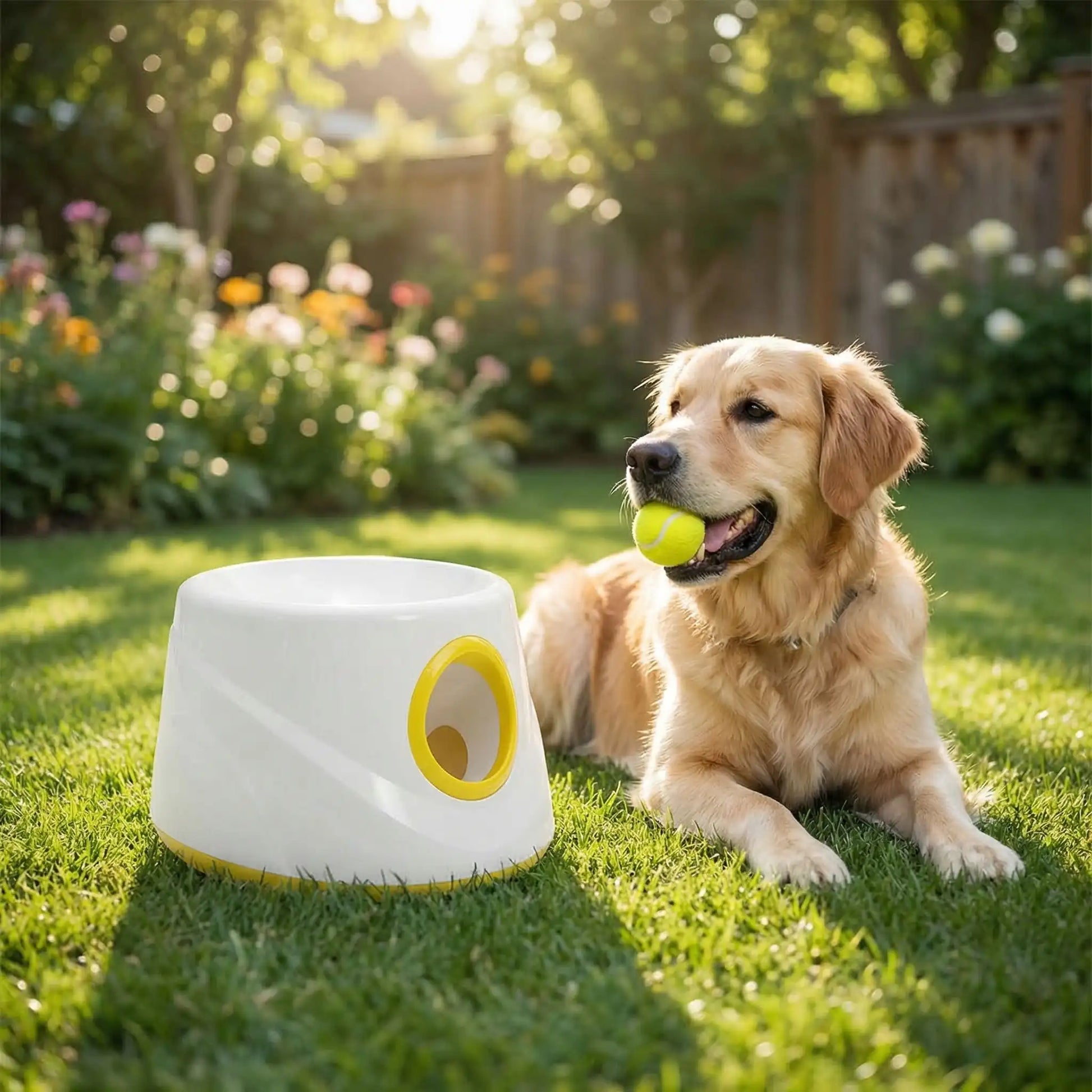 Golden Retriever tenant une balle dans la gueule près du lanceur de balle pour chiens.